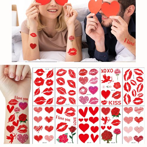10 Sheets Valentines Day Temporary Tattoo, Kiss Temporary Tattoos for Adult Women, Red Kiss Lips Heart Temporary Tattoo Stickers Fake Tattoos, Kiss Mark Tattoos Temporary for Valentines (Kiss)