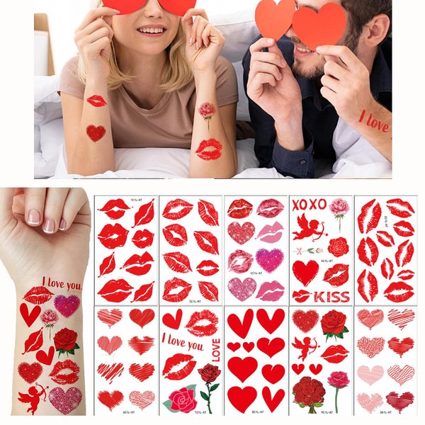 10 Sheets Valentines Day Temporary Tattoo, Kiss Temporary Tattoos for Adult Women, Red Kiss Lips Heart Temporary Tattoo Stickers Fake Tattoos, Kiss Mark Tattoos Temporary for Valentines (Kiss)
