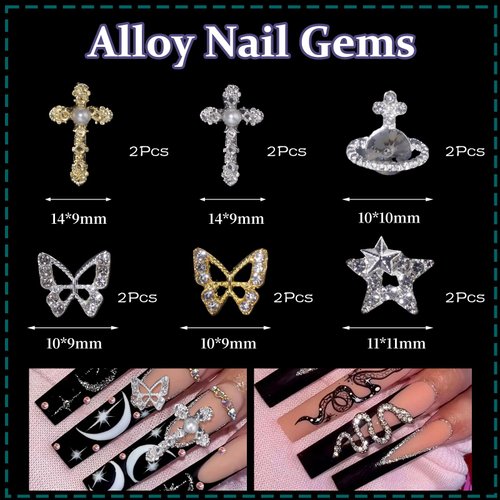 100Pcs Cross Nail Charms, Butterfly Planet Star Nail Gems Charms, Black 3D Assorted Butterfly Flower Bows Heart Nail Charms Assorted Nail Art Charms for Manicure DIY Craft Jewel Accessories
