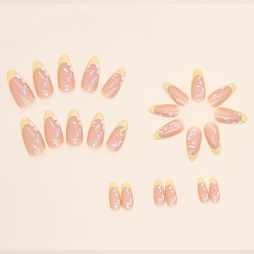 RikView French Tip Press on Nails Medium Length Fake Nails Almond Acrylic Nails Glossy Yellow Nails