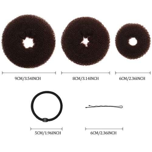 WILLBOND Hair bun maker set - 9 Pieces Donut Bun Maker in 3 Sizes, 12 Elastic Hair Bands, 32 Hair Pins (Black, Brown, Beige)