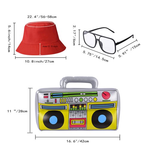 YAROMO 13 Pieces 80s 90s Party Decorations, 90s Hip Hop Costume Kit Rapper Accessories Includes Inflatable Boom Box Bucket Hat Gold Chain Ring