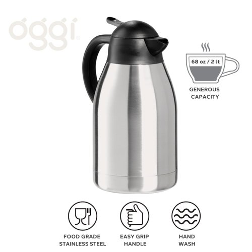 OGGI Catalina 68oz Stainless Steel Thermal Coffee Carafe- Double Walled Vacuum Container w/Press Button Top, Insulated Coffee Carafe, Thermos Carafe, Coffee Urn, Hot Beverage Dispenser, 2 Liters