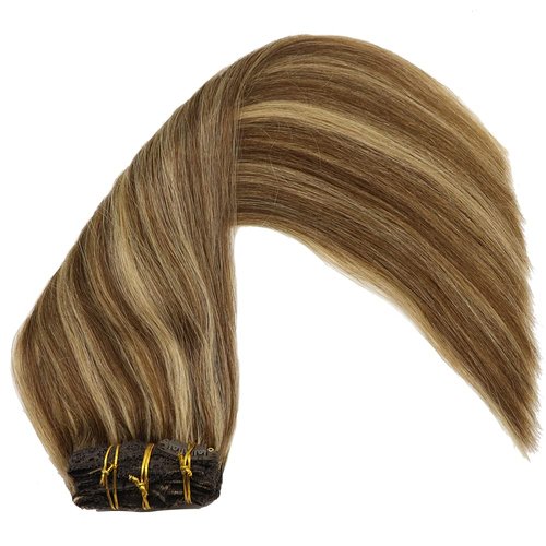 Eufficco Human Hair Lace Clip In Hair Extensions Thick Ends Highlights Piano Color Chocolate Brown/Strawberry Blonde 16inch 100g Remy Hair Extensions Silky Soft Lace Backed Clip On Hair Extensions