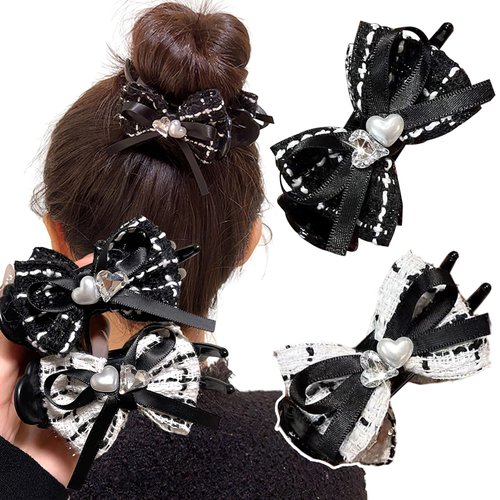 BASEMMAHER 2Pcs Bow Hair Claw Clip Rhinestone Pearls Black White Plaid Bowknot Hair Clips Ponytail Holder Hair Barrette Hair Accessories for Women Girls Hairpin Thick Thin Hair Headwear