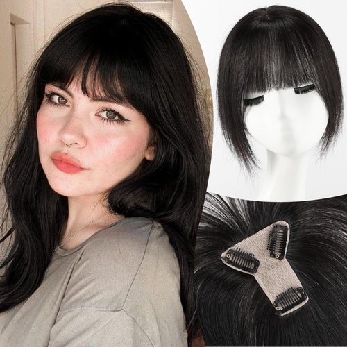 EMMOR 10 Inch Clip in Bangs, 100% Human Hair Bangs Hair Clip with 3 Secure Clips, 360°Cover Top HairPieces with Wispy Fringes for Women enhancing Facial Features(Black)