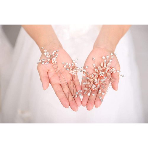 Denifery Wedding Pink Rhinestone Pearls Flower and Leaf Hair Comb Bridal Vintage Headpiece Crystal Women Hair Comb Bridal Hair Comb with 2 Pins Wedding Hair Piece Wedding Accessories