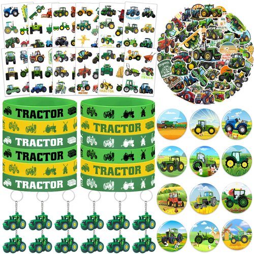 98 PCS Tractor Party Favors Tractor Theme Birthday Party Supplies Decorations Tractor Rubber Bracelet Tattoos Keychains Button Pin Tractor Stickers for Boys Girls Farm Tractor Birthday Theme Party