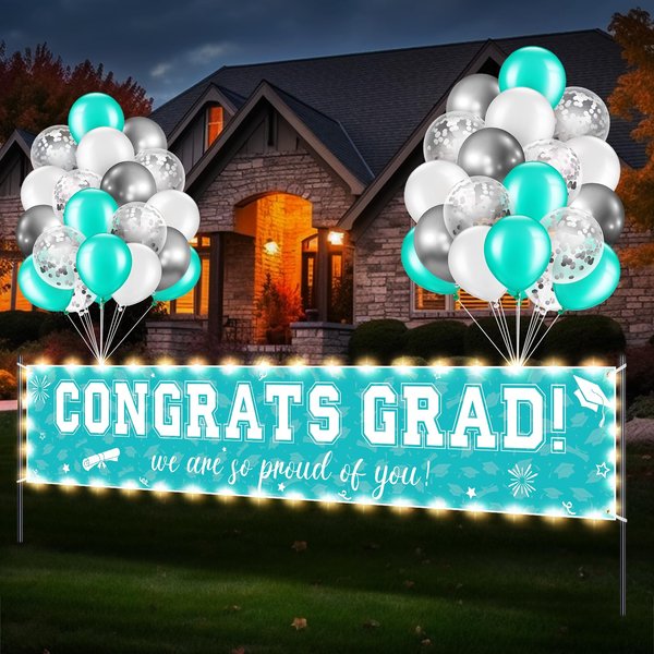 37Pcs Graduation Banner Balloon Decorations Class of 2024, Congrats Grad Banner with LED Light Yard Outdoor Decorations, Graduation Banner Set for High School College Graduation Party Supplies, Teal