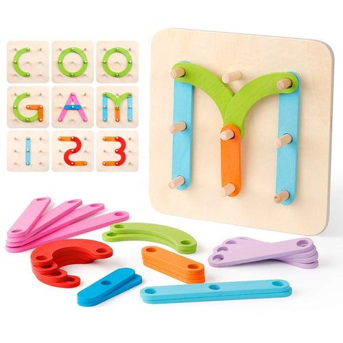 Coogam Wooden Letter Number Construction Puzzle Educational Stacking Blocks Toy Set Shape Color Sorter Pegboard Activity Board Sort Game for Kids Gift Preschool Learning STEM Toy