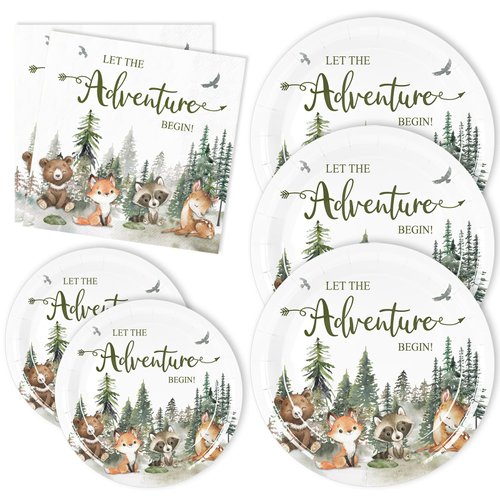 Whaline 72Pcs Let The Adventure Begin Party Supplies Baby Shower Plates Napkins Tableware Set Adventure Awaits Disposable Tableware For Baby Shower Birthday Adventure Party Table Decor Serve 24