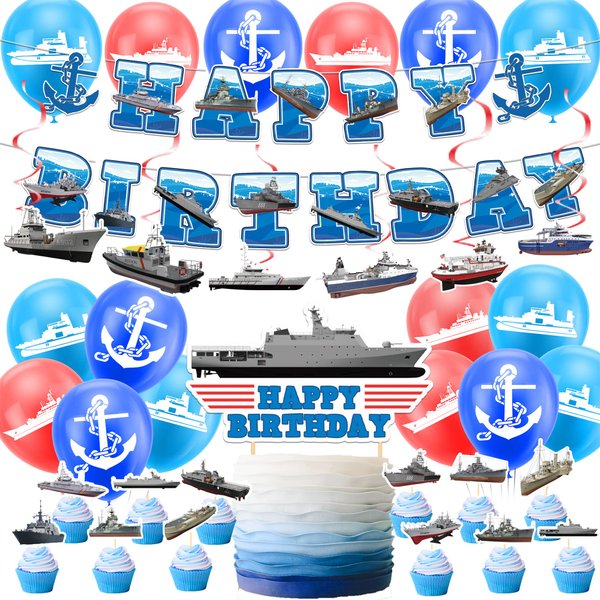38Pcs Battleship Theme Birthday Party Supplies and Decorations Naval Happy Birthday Banner,Latex Balloon, Cupcake Toppers, Set Nautical Birthday Party Supplies for Kids Family