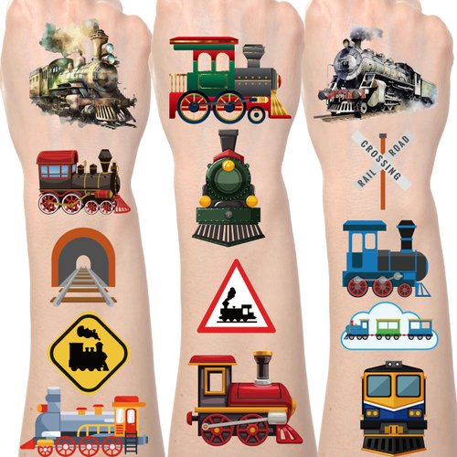 Lovarywow Train Temporary Tattoos Stickers - 200+ Train Birthday Party Decorations Vintage Trains Fake Tattoos Gifts for Boys Transportation Railroad Party Supplies for Kids Favors Prizes