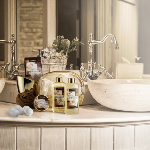 Christmas Gifts, Home Spa Gift Basket, Luxury 13pc Bath & Body Set For Men & Women, White Rose & Jasmine Scent - Shower Gel, Bubble Bath, Body Scrub, Salts, 6 Bath Bombs, Pouf, Cosmetic Bag & Gold Tub
