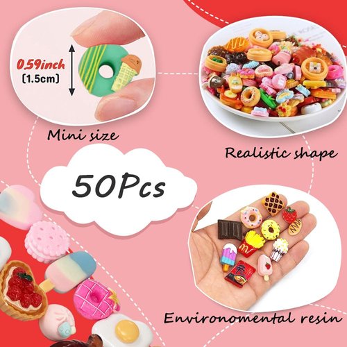 50Pcs Miniature Food Drinks Bottle Soda Pop Cans, Pretend Play Mini Kitchen Game Party Accessories Toys Hamburg Cake Ice Cream for 1/12 Doll House