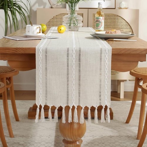 Laolitou Rustic Table Runner with Tassels, Cotton Linen Farmhouse Table Decoration for Holiday Pa...