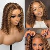 Smilegirl Glueless Bob Wigs Human Hair Pre Plucked Pre Cut Honey Blonde Curly Human Hair Wig for Black Women Highlight Ombre 5x5 HD Lace Closure Deep Wave Wigs 200 Density (12 Inch)