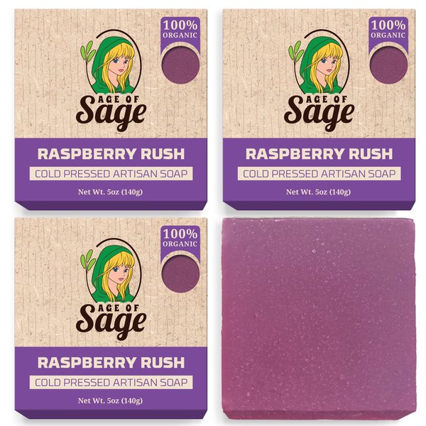 Natural Bar Soap for Women - Vegan Bath Soap Bars Gift Set - Handmade Cold Process Artisan Soap with Essential Oil, All Moisturizing Wash Soaps, Fragrant Raspberry Rush Scent by Age of Sage (4 Pack)