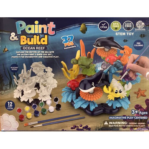 KC Republic Ocean Reef Sea Creatures 37pcs Water Washable Painting & Building Toy Set, Children's Activity Art Kit, Paint Your Own Buildable Ocean Reef Toy with Seahorse, Fish, Dolphin, Shark, Crab