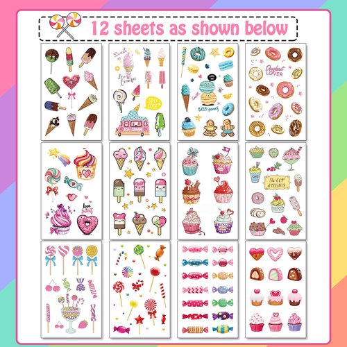 Cerlaza 180 Styles Donut Party Supplies Favors Tattoo Stickers, Candy Ice Cream Birthday Party Decorations Accessories, Fake Temporary Tattoos for Girls Kids
