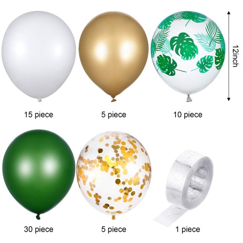 65 Pieces Jungle Safari Theme Balloons Green White Latex Balloons Palm Leaves Balloon Confetti Balloons with Balloon Arch Kit for Kids Boys Jungle Safari Birthday Baby Shower Decorations