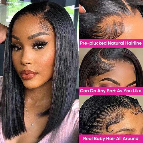 Shine Star Bob Wig Human Hair Straight 13x4 HD Lace Front Wigs Bob Human Hair 10 Inch Pre Plucked with Baby Hair Glueless Short Bob Wigs 150% Density Natural Color Bob Wig