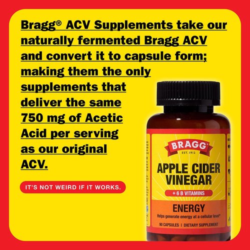 Bragg Energy Apple Cider Vinegar Capsules with B Vitamins - 90 Capsules - Helps Generate Energy at Cellular Level