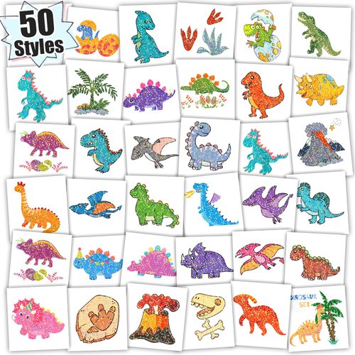 Partywind 50 Styles Glitter Dinosaur Tattoos Party Supplies for Kids, Dinosaur Temporary Tattoos ...