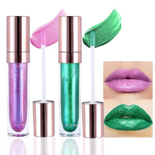 evpct 2Pcs Light Plum Green Pearlescent Chameleon Shimmer Glitter Lipstick Lip Gloss, Long Lasting Waterproof Glitter Metallic Sparkly Glossy Lip Gloss Tint Stain Liquid Lipsticks Makeup Set for Women