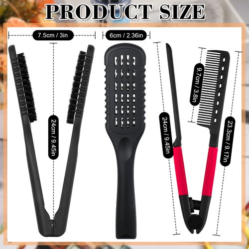 Chengu 2 Pcs Boar Bristles Clamp Double Sided Straightening Comb and Flat Iron Brush for Hair Styling and Straightening Knotty Unkempt Hair (Black, Rose Red)