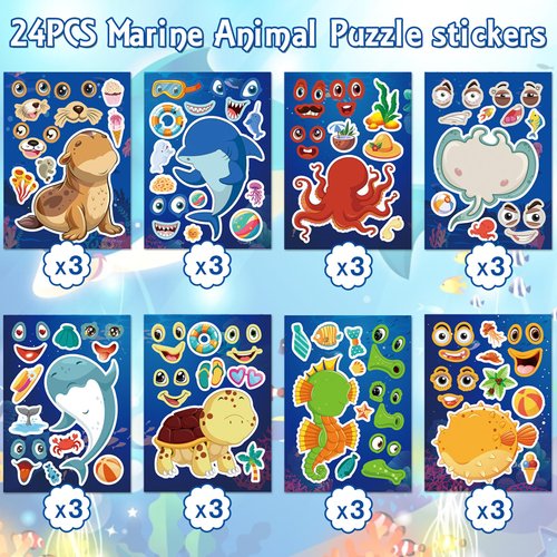 24 Sheets Ocean Animal Make a Face Stickers, Animals Party Games Stickers for Kids, Make Your Own Animal Stickers for Kids Birthday Party Favors Classroom Rewards, Animal Themed Art Craft Supplies