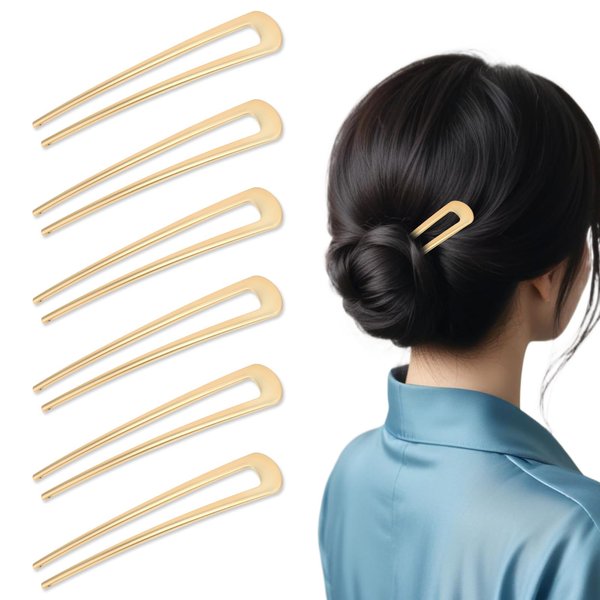 Molain 6 Pcs French Hair Pins - Metal Hair Fork Extra Long U Shaped Chignon 2 Prong Sticks Hairpins Gold Hair Fork Sticks for Women Lady Bun Hair Accessories
