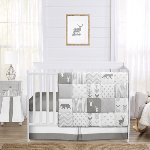 Sweet Jojo Designs Grey and White Woodsy Deer Boy, Girl, Unisex Baby Crib Bedding Set 4 Pieces