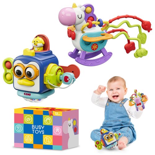 OSIMILY Montessori Toys for 1 Year Old & Toddler Toys, Travel Activities Busy Board Cube, Pull String Sensory Toys, Motor Skills Toys,Baby Gifts for 12 18 Month, Educational Learning Toys 2PCS