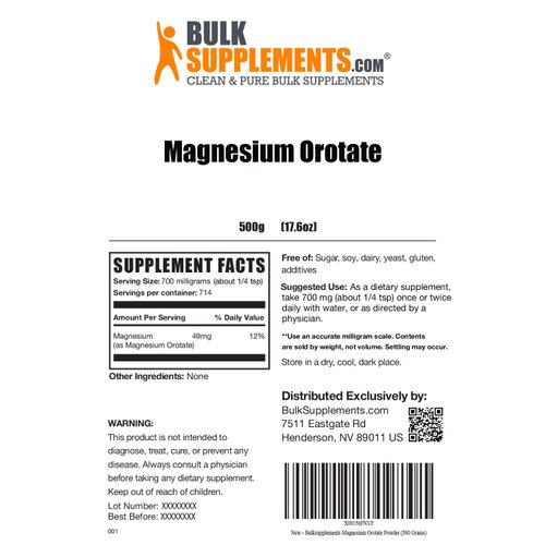 BulkSupplements.com Magnesium Orotate Powder - Magnesium Supplement, High Absorption Magnesium, Magnesium Orotate Supplements - Gluten Free, 700mg (49mg of Magnesium) per Serving, 500g (1.1 lbs)