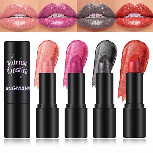 Dulele 4 Colors Sparkling Lipstick Glitter Shimmer Metallic Lipstick for Women, Diamond Shiny Bold Glow Lip Gloss, Nonstick Cup Lipstick for Party, Cosplay, Halloween Makeup