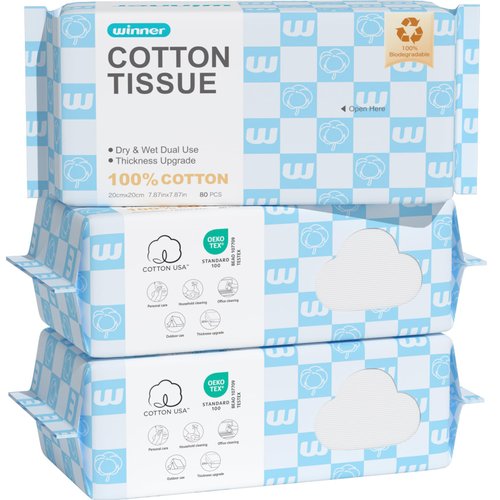 Winner Disposable Face Towels Upgraded | 100% USA Cotton Face Towelettes | Super Soft & Thick Face Cloths for Sensitive Skin | Makeup Remover Dry Wipes | 240 Count, 3 Pack