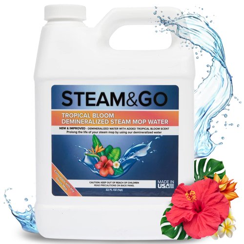 Steam & Go Demineralized Water for Steam Cleaner, PVC-Free Floor Cleaner Liquid Compatible With Any Mop Steamer, Ready-to-Use Multisurface Cleaner, Scented Mop Solution, Tropical Bloom, 32 oz