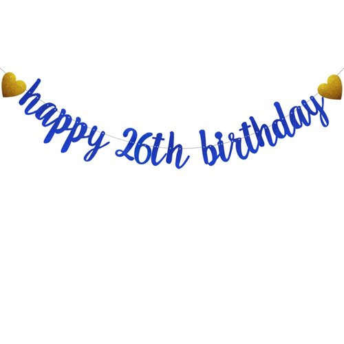 SUNbetterland Blue glitter Happy 26th Birthday Banner, Pre-Strung,Boy's Man's 10th Birthday Party Decorations Supplies, Happy 26th Birthday