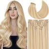 Loxxy Invisible Clip in Hair Extensions Human Hair Silky Straight Light Golden Brown Mixed With Platinum Blonde Thick Seamless Real Hair Extensions Clip in Human Hair 130g 7Pcs 16Inch P12/60A