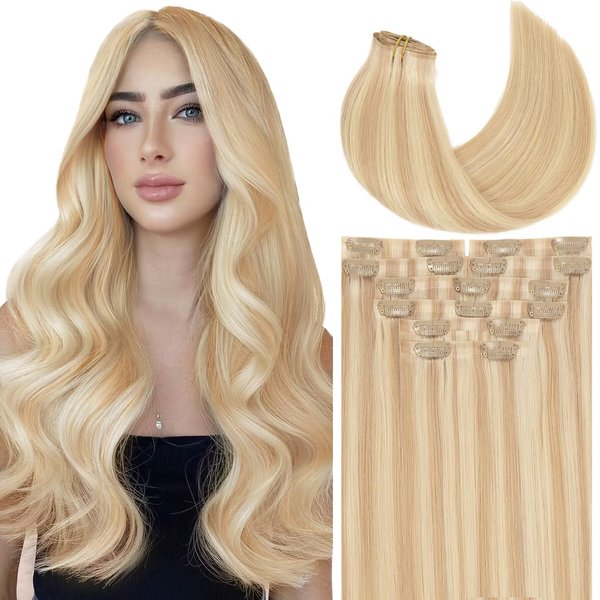 Loxxy Invisible Clip in Hair Extensions Human Hair Silky Straight Light Golden Brown Mixed With Platinum Blonde Thick Seamless Real Hair Extensions Clip in Human Hair 130g 7Pcs 16Inch P12/60A