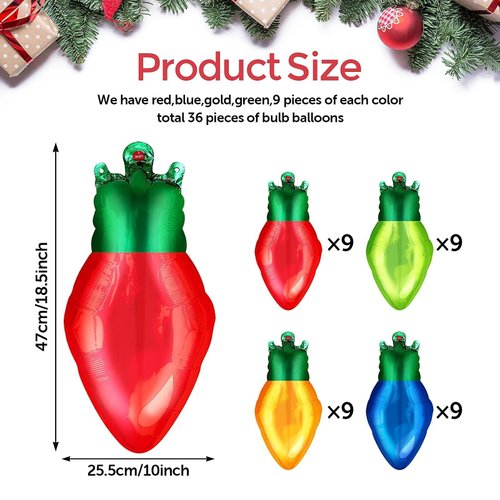 36 Pcs Christmas Light Bulb Balloon Light Bulb Foil Balloons Giant Mylar Balloon Set for holiday Birthday Party Decorations Supplies Red Yellow Green Blue Theme Birthday Decor Supplies Kit