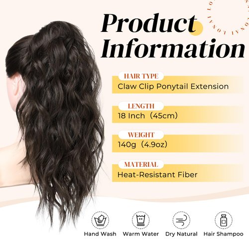 LONAI Ponytail Extension, 18" Wavy Claw Clip Ponytail Extensions ZJ001 Shoulder Length Curly Wavy Claw Clip in Ponytail Hair Extensions Synthetic Fake Pony tails Hairpieces-Black Brown