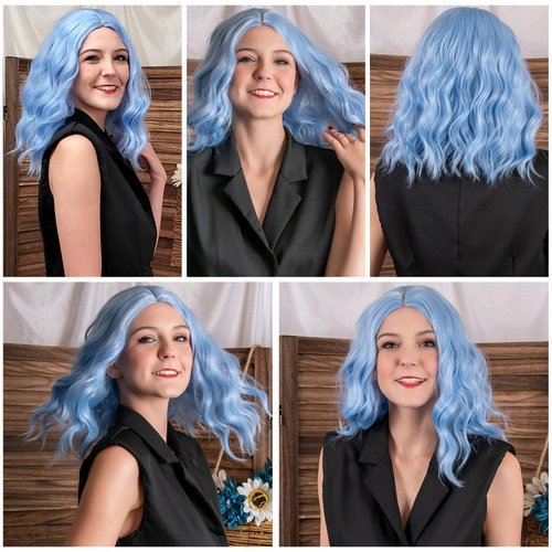 BEAUTIFA Light Blue Wig for Women Wavy Curly Light Blue Bob Wigs Middle Part 14 Inch Shoulder Length Heat Resistant Synthetic Colorful Wig