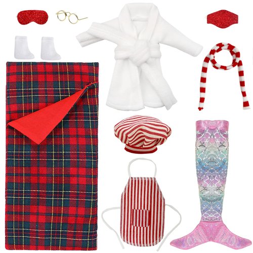 JUYRLE 12Pcs Christmas Elf Doll Clothes Accessories- Mini Elf Doll Outfit with Hammock, Scarf, Socks, Mermaid Dress, Apron, Glasses for Retro Style Christmas Elf Doll Decorations Xmas Elf Doll Costume