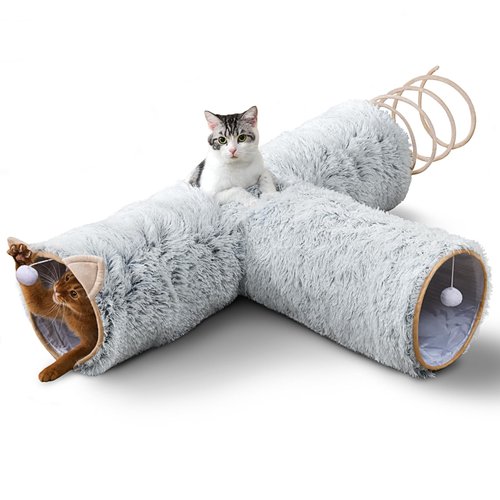 ZVBEK Cat Tunnels with Spring Toys for Bored Indoor Cats, Soft Plush 3 Way Cat Hideaway Tunnels with Cat Balls for Kitten, Rabbit, Ferret, Puppy, Grey