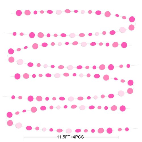 Hot Pink Party Decorations Circle Dots Garland Rose Pink White Hanging Paper Polka Dots Streamer for Birthday Bachelorette Engagement Wedding Baby Bridal Shower Anniversary Minnie Theme Party Supplies