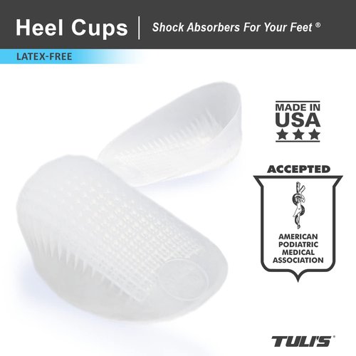 Tuli's Classic Gel Heel Cups, Cushion Insert for Shock Absorption and Plantar Fasciitis and Heel Pain Relief, Made in The USA, Regular, 2 Pairs