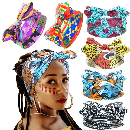 RechicGu 6 Pieces African Turban Headband For Women Ankara Print Bonnet Beanie Cap Pre-Tied Bow Bowknot Headwrap Stretchy Dreadlocks Locs India Yoga Workout Hair Bandana