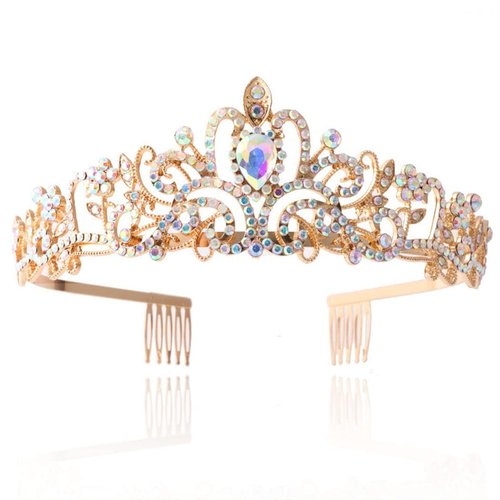 Yean Silver Crystal Tiara Crowns Bride Crystal Crown with Comb Costume Hair Accessories for Women and Girls (Gold AB)